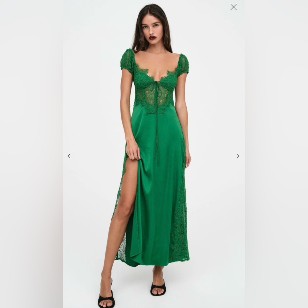 For Love & Lemons Green Lace-Trim Maxi Dress